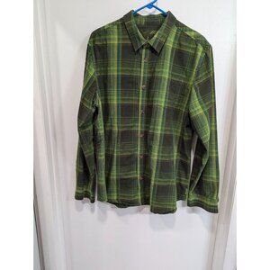 PRANA M2RENN316 Men's Rennin Large Green Teal Yellow Brown Plaid Flannel Shirt